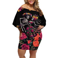 Day of Dead Couple Family Matching Off Shoulder Short Dress and Hawaiian Shirt Sugar Skull Couple Dancing - Wonder Print Shop