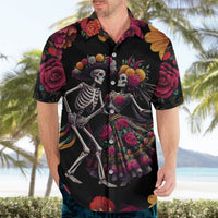 Black short-sleeve Hawaiian shirt with dancing sugar skull skeleton couple and floral roses