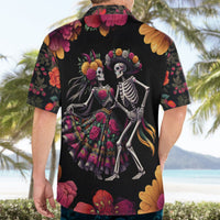 Black short-sleeve Hawaiian shirt with back print showing dancing sugar skull skeleton couple