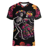Day of Dead Couple Women V Neck T Shirt Sugar Skull Couple Dancing - Wonder Print Shop