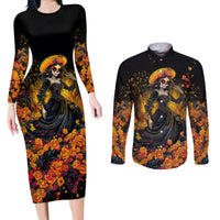 Day of Dead Lady Couples Matching Long Sleeve Bodycon Dress and Long Sleeve Button Shirt Sugar Skull Field Marigold Lady - Wonder Print Shop