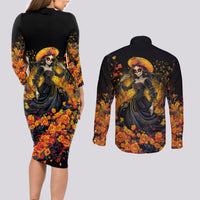 Day of Dead Lady Couples Matching Long Sleeve Bodycon Dress and Long Sleeve Button Shirt Sugar Skull Field Marigold Lady - Wonder Print Shop