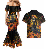 Day of Dead Lady Couples Matching Mermaid Dress and Hawaiian Shirt Sugar Skull Field Marigold Lady - Wonder Print Shop