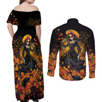 Day of Dead Lady Couples Matching Off Shoulder Maxi Dress and Long Sleeve Button Shirt Sugar Skull Field Marigold Lady - Wonder Print Shop