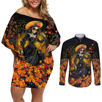 Day of Dead Lady Couples Matching Off Shoulder Short Dress and Long Sleeve Button Shirt Sugar Skull Field Marigold Lady - Wonder Print Shop