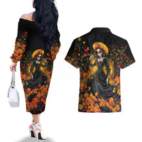 Day of Dead Lady Couples Matching Off The Shoulder Long Sleeve Dress and Hawaiian Shirt Sugar Skull Field Marigold Lady - Wonder Print Shop