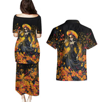 Day of Dead Lady Couples Matching Puletasi Dress and Hawaiian Shirt Sugar Skull Field Marigold Lady - Wonder Print Shop