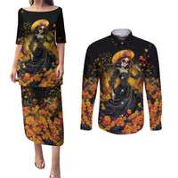 Day of Dead Lady Couples Matching Puletasi Dress and Long Sleeve Button Shirt Sugar Skull Field Marigold Lady - Wonder Print Shop