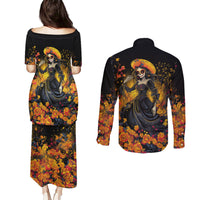 Day of Dead Lady Couples Matching Puletasi Dress and Long Sleeve Button Shirt Sugar Skull Field Marigold Lady - Wonder Print Shop