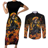 Day of Dead Lady Couples Matching Short Sleeve Bodycon Dress and Long Sleeve Button Shirt Sugar Skull Field Marigold Lady - Wonder Print Shop