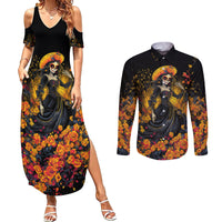 Day of Dead Lady Couples Matching Summer Maxi Dress and Long Sleeve Button Shirt Sugar Skull Field Marigold Lady - Wonder Print Shop