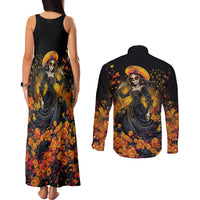 Day of Dead Lady Couples Matching Tank Maxi Dress and Long Sleeve Button Shirt Sugar Skull Field Marigold Lady - Wonder Print Shop