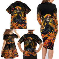 Day of Dead Lady Family Matching Long Sleeve Bodycon Dress and Hawaiian Shirt Sugar Skull Field Marigold Lady - Wonder Print Shop