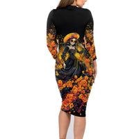 Day of Dead Lady Family Matching Long Sleeve Bodycon Dress and Hawaiian Shirt Sugar Skull Field Marigold Lady - Wonder Print Shop