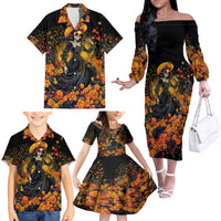 Day of Dead Lady Family Matching Off Shoulder Long Sleeve Dress and Hawaiian Shirt Sugar Skull Field Marigold Lady - Wonder Print Shop