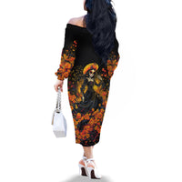 Day of Dead Lady Family Matching Off Shoulder Long Sleeve Dress and Hawaiian Shirt Sugar Skull Field Marigold Lady - Wonder Print Shop