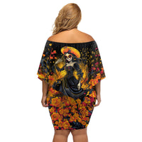 Day of Dead Lady Family Matching Off Shoulder Short Dress and Hawaiian Shirt Sugar Skull Field Marigold Lady - Wonder Print Shop