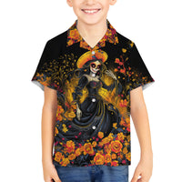Day of Dead Lady Family Matching Off Shoulder Short Dress and Hawaiian Shirt Sugar Skull Field Marigold Lady - Wonder Print Shop