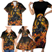 Day of Dead Lady Family Matching Short Sleeve Bodycon Dress and Hawaiian Shirt Sugar Skull Field Marigold Lady - Wonder Print Shop