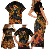 Day of Dead Lady Family Matching Short Sleeve Bodycon Dress and Hawaiian Shirt Sugar Skull Field Marigold Lady - Wonder Print Shop