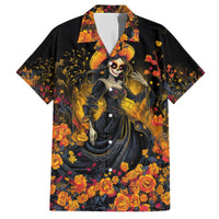 Black women's Hawaiian shirt with sugar skull woman and orange floral print.