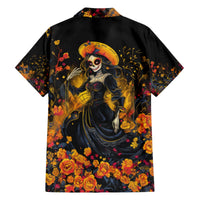 Black Hawaiian shirt back with sugar skull woman medallion and orange floral print.