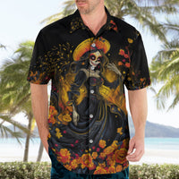 Black Hawaiian shirt on model front, featuring sugar skull woman in orange flowers.