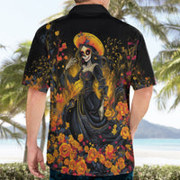 Black Hawaiian shirt back with sugar skull woman center and orange rose floral border.