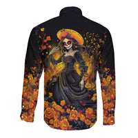 Day of Dead Lady Long Sleeve Button Shirt Sugar Skull Field Marigold Lady - Wonder Print Shop