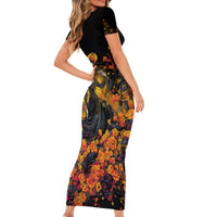 Day of Dead Lady Short Sleeve Bodycon Dress Sugar Skull Field Marigold Lady - Wonder Print Shop