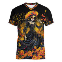 Day of Dead Lady Women V Neck T Shirt Sugar Skull Field Marigold Lady - Wonder Print Shop