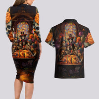Day of Dead Festival Couples Matching Long Sleeve Bodycon Dress and Hawaiian Shirt Sugar Skull Party Family - Wonder Print Shop