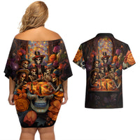 Day of Dead Festival Couples Matching Off Shoulder Short Dress and Hawaiian Shirt Sugar Skull Party Family - Wonder Print Shop