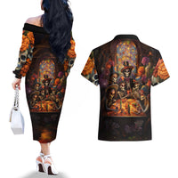 Day of Dead Festival Couples Matching Off The Shoulder Long Sleeve Dress and Hawaiian Shirt Sugar Skull Party Family - Wonder Print Shop