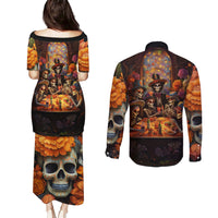 Day of Dead Festival Couples Matching Puletasi Dress and Long Sleeve Button Shirt Sugar Skull Party Family - Wonder Print Shop