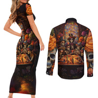 Day of Dead Festival Couples Matching Short Sleeve Bodycon Dress and Long Sleeve Button Shirt Sugar Skull Party Family - Wonder Print Shop