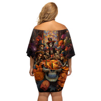 Day of Dead Festival Family Matching Off Shoulder Short Dress and Hawaiian Shirt Sugar Skull Party Family - Wonder Print Shop