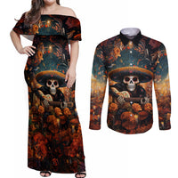 Day of Dead Skull Couples Matching Off Shoulder Maxi Dress and Long Sleeve Button Shirt Sugar Skull Musican - Wonder Print Shop