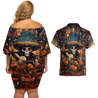 Day of Dead Skull Couples Matching Off Shoulder Short Dress and Hawaiian Shirt Sugar Skull Musican - Wonder Print Shop