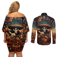 Day of Dead Skull Couples Matching Off Shoulder Short Dress and Long Sleeve Button Shirt Sugar Skull Musican - Wonder Print Shop