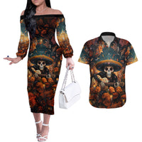 Day of Dead Skull Couples Matching Off The Shoulder Long Sleeve Dress and Hawaiian Shirt Sugar Skull Musican - Wonder Print Shop