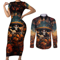 Day of Dead Skull Couples Matching Short Sleeve Bodycon Dress and Long Sleeve Button Shirt Sugar Skull Musican - Wonder Print Shop