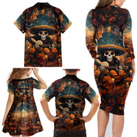 Day of Dead Skull Family Matching Long Sleeve Bodycon Dress and Hawaiian Shirt Sugar Skull Musican - Wonder Print Shop