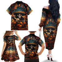 Day of Dead Skull Family Matching Off Shoulder Long Sleeve Dress and Hawaiian Shirt Sugar Skull Musican - Wonder Print Shop