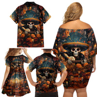 Day of Dead Skull Family Matching Off Shoulder Short Dress and Hawaiian Shirt Sugar Skull Musican - Wonder Print Shop