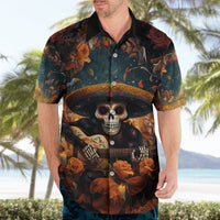 Black short-sleeve button-up with sugar skull guitarist graphic and floral accents