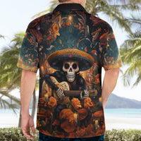 Black short-sleeve button-up back view with sugar skull guitarist graphic