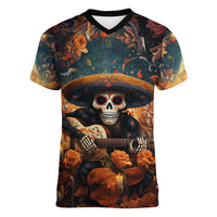 Day of Dead Skull Women V Neck T Shirt Sugar Skull Musican - Wonder Print Shop