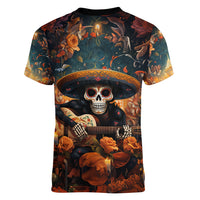 Day of Dead Skull Women V Neck T Shirt Sugar Skull Musican - Wonder Print Shop