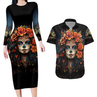Day of Dead Lady Couples Matching Long Sleeve Bodycon Dress and Hawaiian Shirt Sugar Skull Rose Lady - Wonder Print Shop